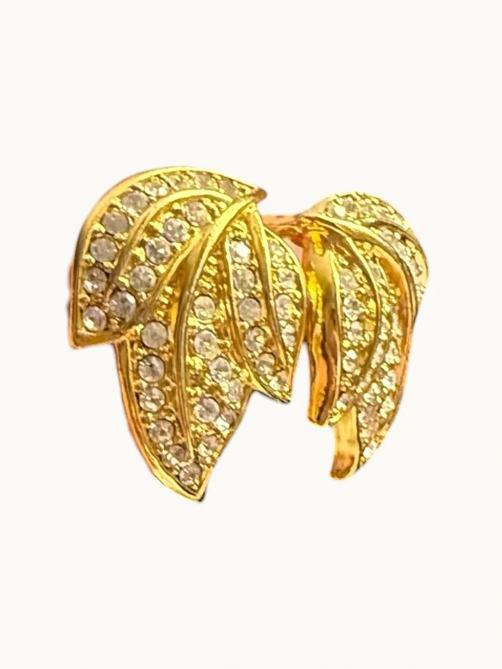 Gold Crystal Leaf Clip Earrings - Sparkling Gold Tone